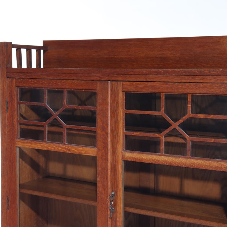 Antique Stickley School Oak 2 Door Bookcase With Leaded Glass c1920