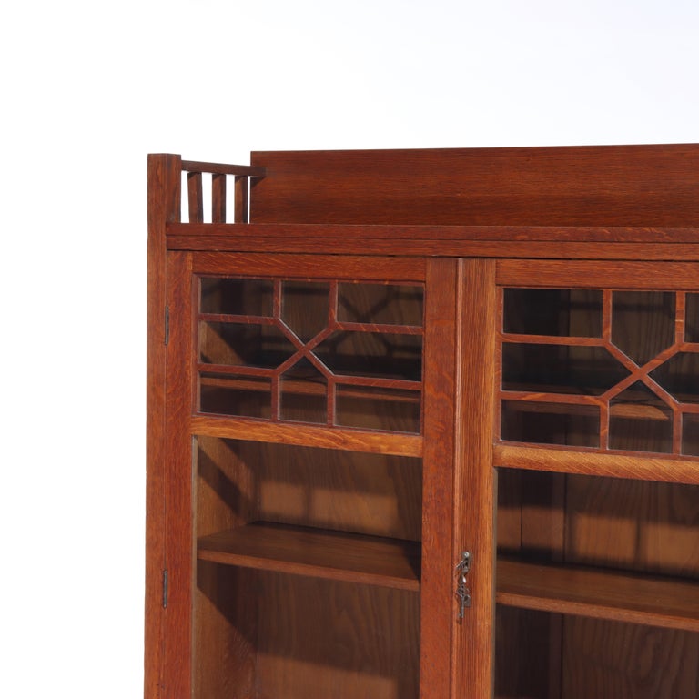 Antique Stickley School Oak 2 Door Bookcase With Leaded Glass c1920