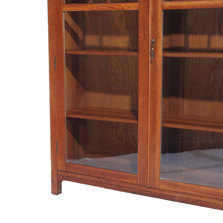 Antique Stickley School Oak 2 Door Bookcase With Leaded Glass c1920