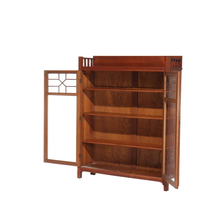 Antique Stickley School Oak 2 Door Bookcase With Leaded Glass c1920