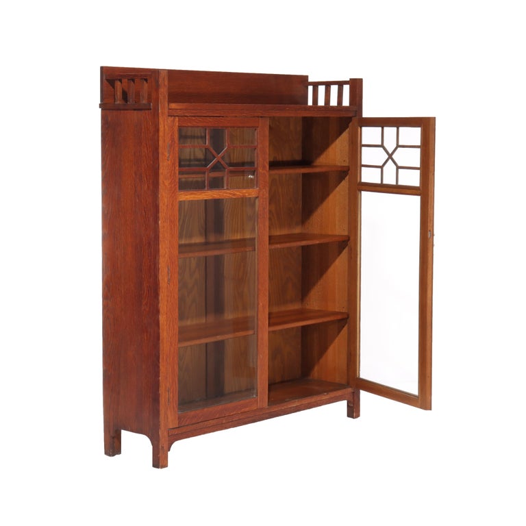 Antique Stickley School Oak 2 Door Bookcase With Leaded Glass c1920