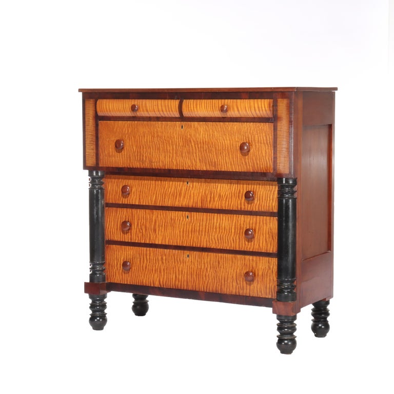 Antique American Empire Ebonized Cherry & Tiger Maple 6 Drawer Chest c1840