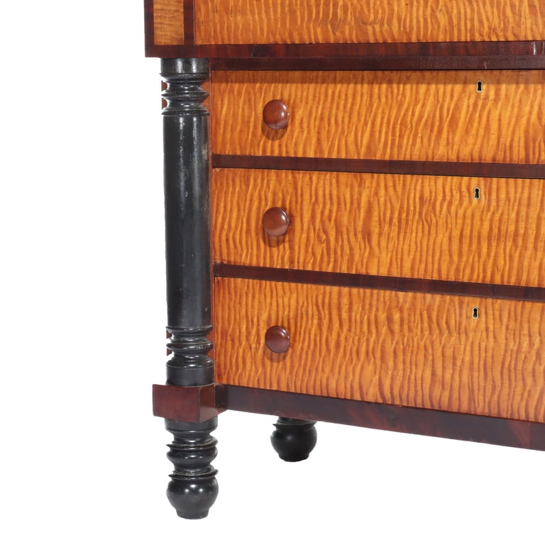 Antique American Empire Ebonized Cherry & Tiger Maple 6 Drawer Chest c1840