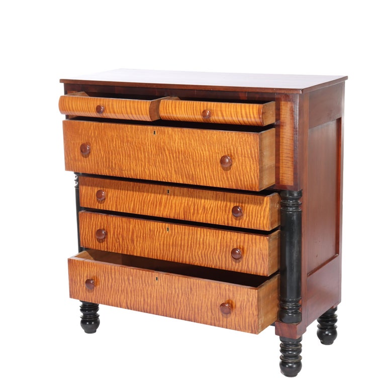Antique American Empire Ebonized Cherry & Tiger Maple 6 Drawer Chest c1840