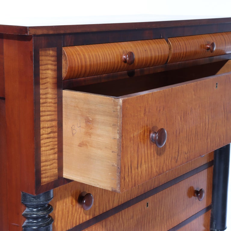 Antique American Empire Ebonized Cherry & Tiger Maple 6 Drawer Chest c1840