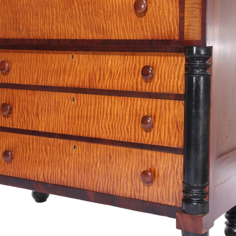 Antique American Empire Ebonized Cherry & Tiger Maple 6 Drawer Chest c1840
