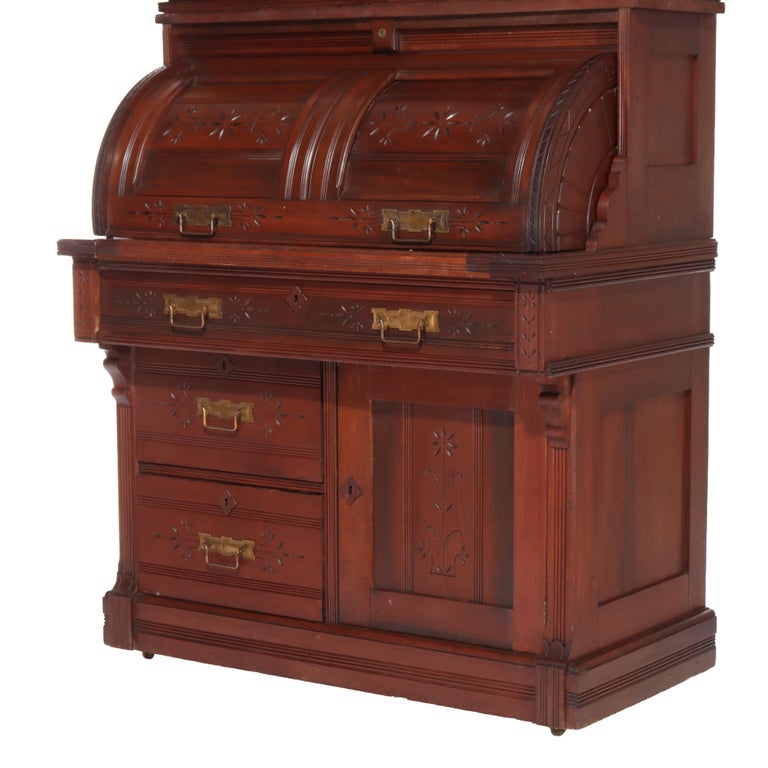 Antique Eastlake Chip Caved Walnut Barrel Roll Cylinder Secretary Desk c1890