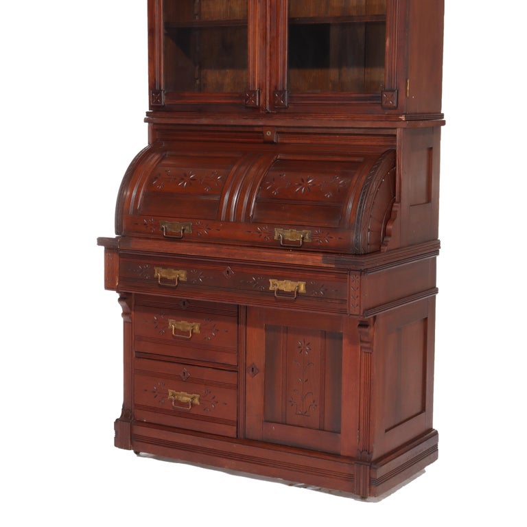 Antique Eastlake Chip Caved Walnut Barrel Roll Cylinder Secretary Desk c1890