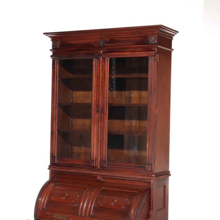 Antique Eastlake Chip Caved Walnut Barrel Roll Cylinder Secretary Desk c1890