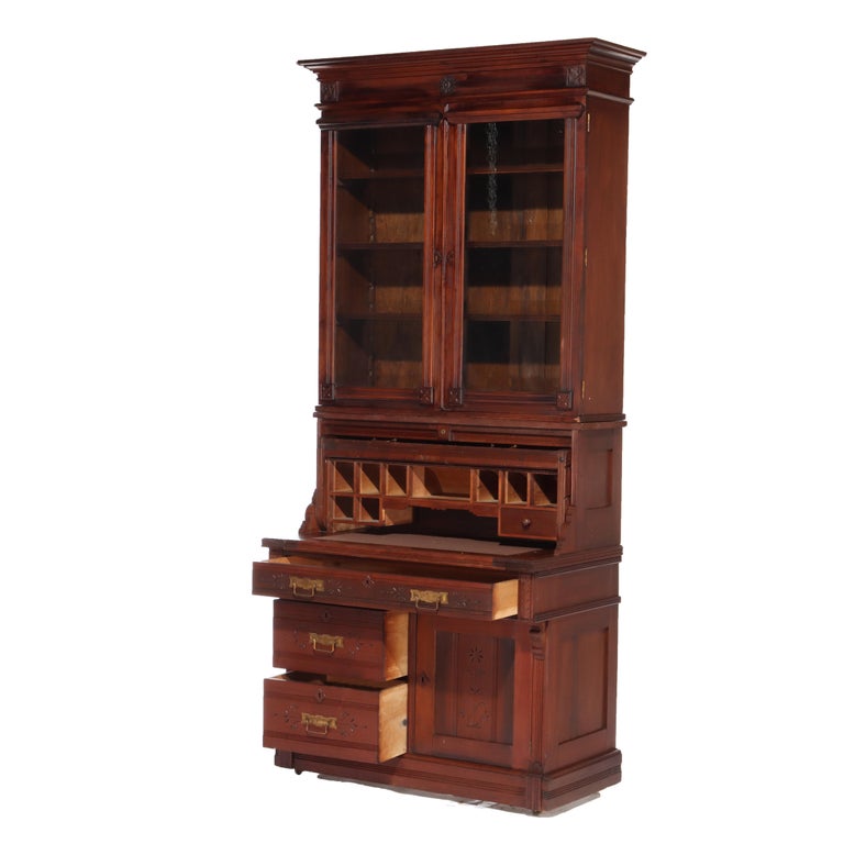 Antique Eastlake Chip Caved Walnut Barrel Roll Cylinder Secretary Desk c1890