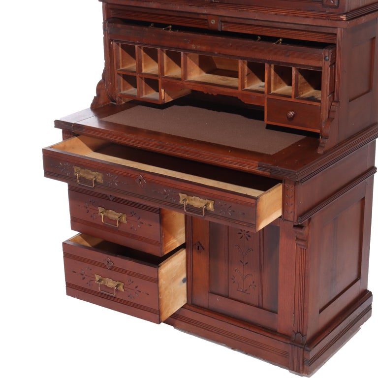 Antique Eastlake Chip Caved Walnut Barrel Roll Cylinder Secretary Desk c1890