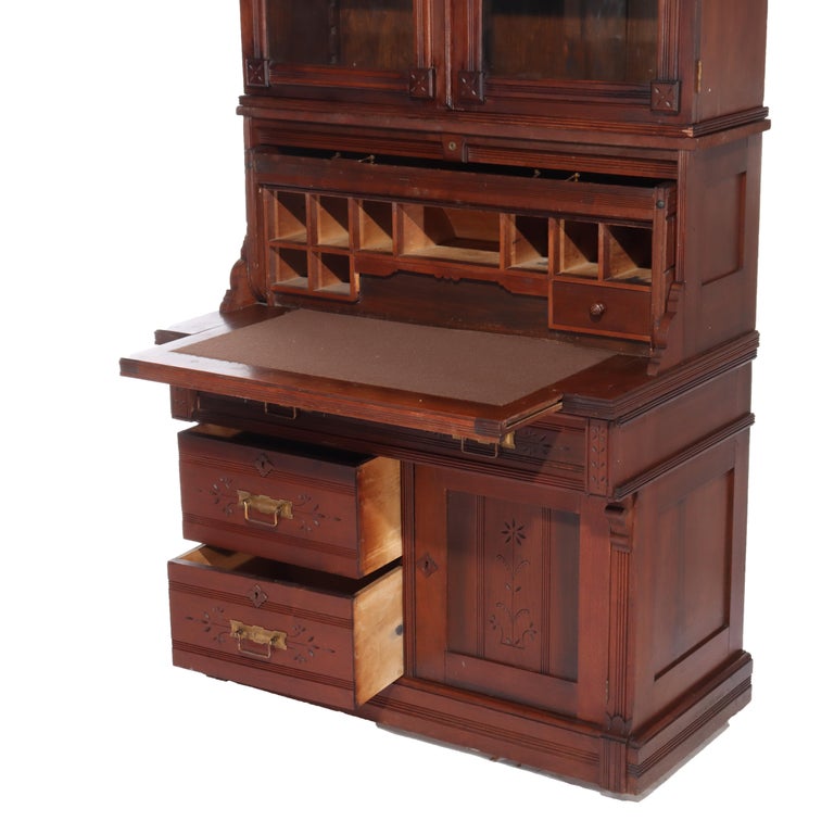 Antique Eastlake Chip Caved Walnut Barrel Roll Cylinder Secretary Desk c1890