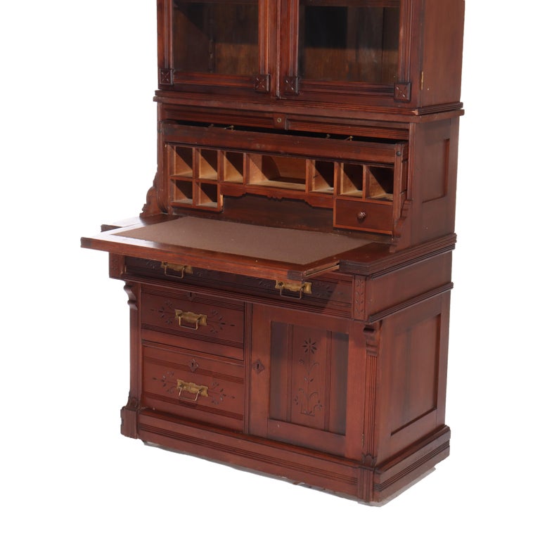 Antique Eastlake Chip Caved Walnut Barrel Roll Cylinder Secretary Desk c1890