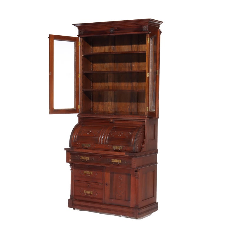 Antique Eastlake Chip Caved Walnut Barrel Roll Cylinder Secretary Desk c1890