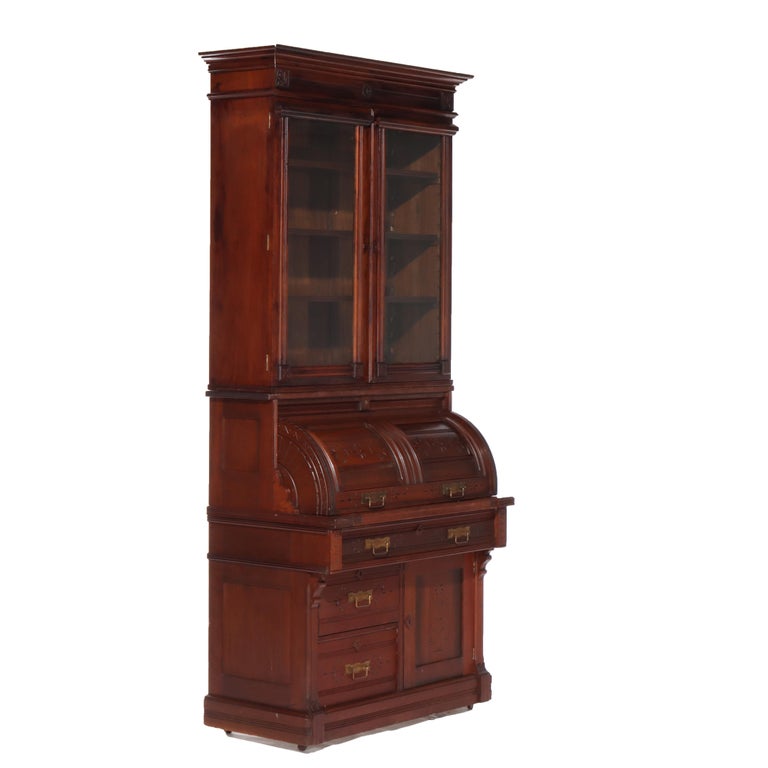 Antique Eastlake Chip Caved Walnut Barrel Roll Cylinder Secretary Desk c1890