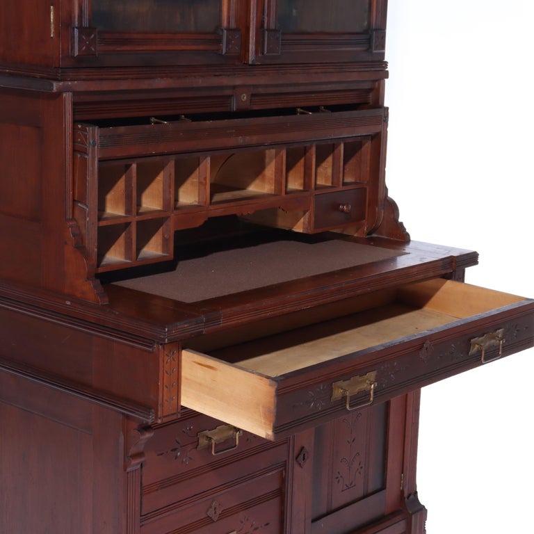 Antique Eastlake Chip Caved Walnut Barrel Roll Cylinder Secretary Desk c1890