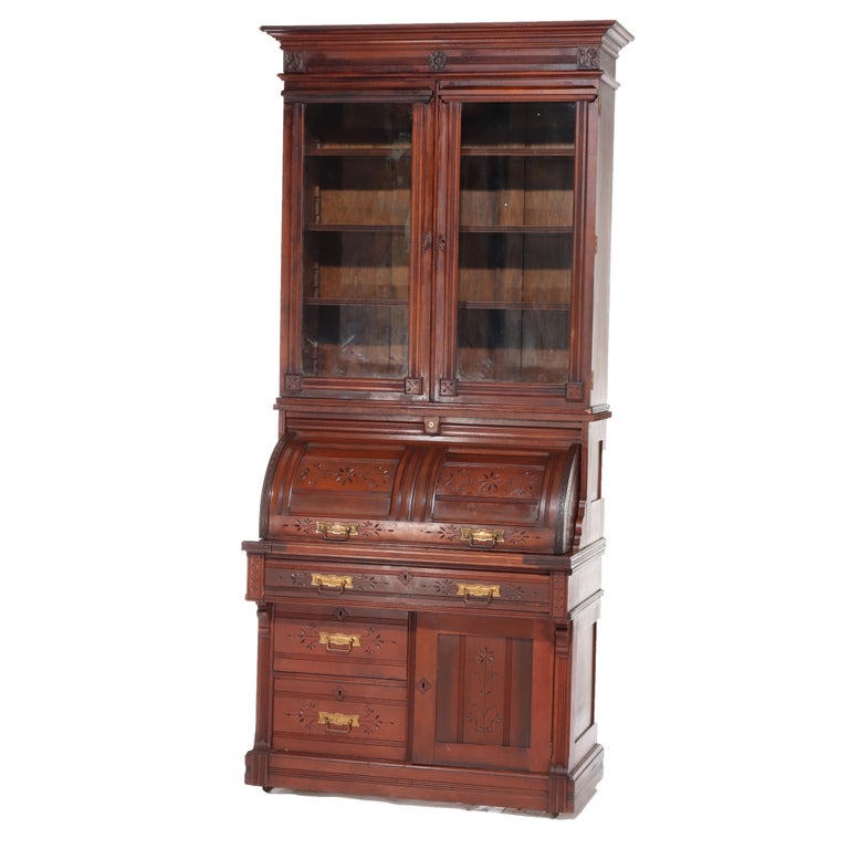 Antique Eastlake Chip Caved Walnut Barrel Roll Cylinder Secretary Desk c1890