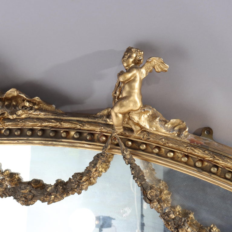 Oversized Boston Classical Giltwood Over Mantle Mirror With Cherubs C1860