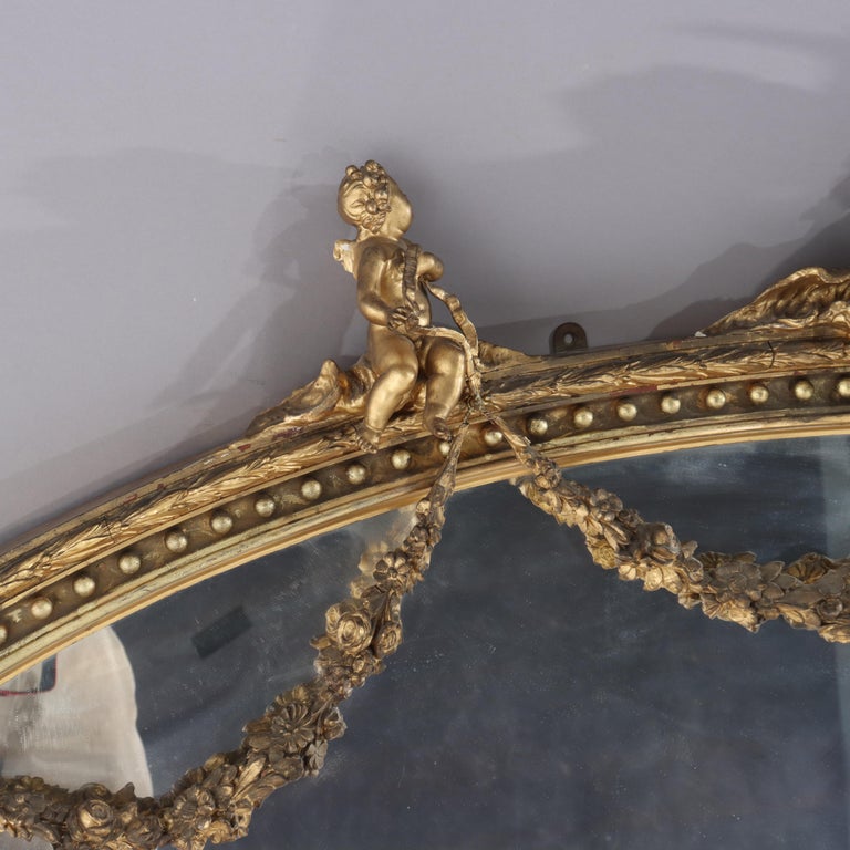 Oversized Boston Classical Giltwood Over Mantle Mirror With Cherubs C1860