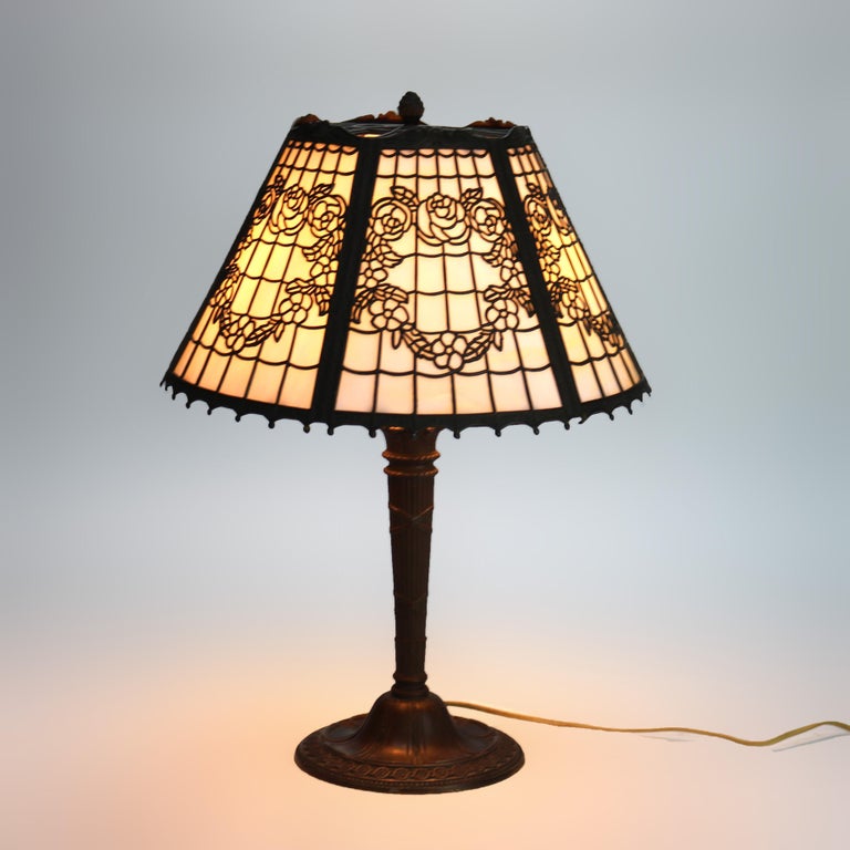 Antique Bradley & Hubbard School Six-Panel Slag Glass Table Lamp c1920