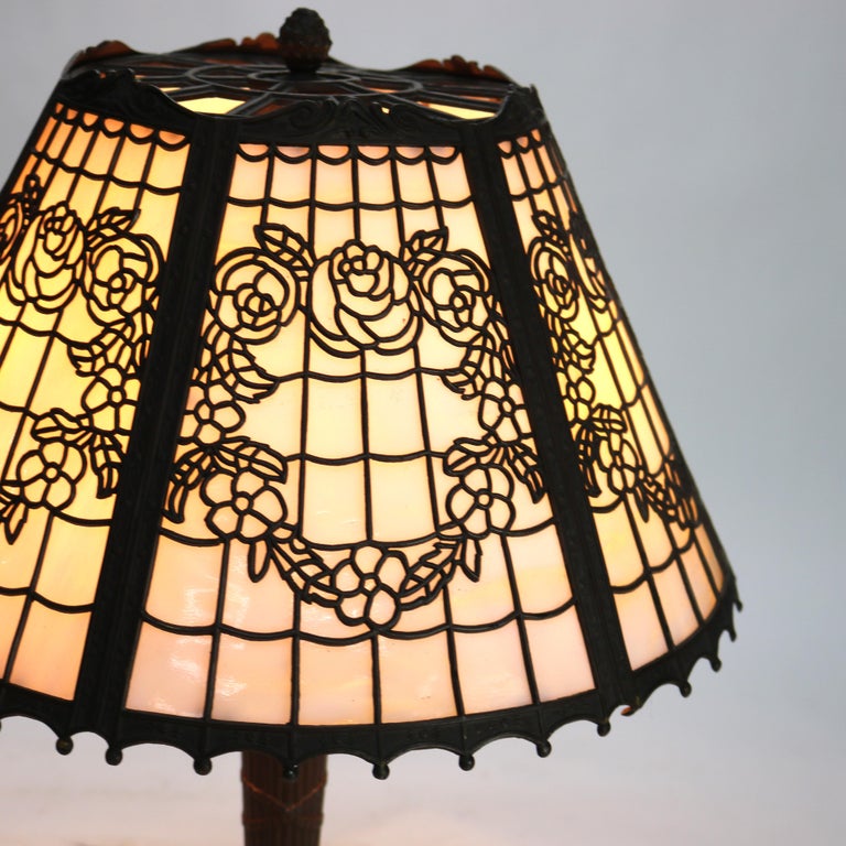 Antique Bradley & Hubbard School Six-Panel Slag Glass Table Lamp c1920