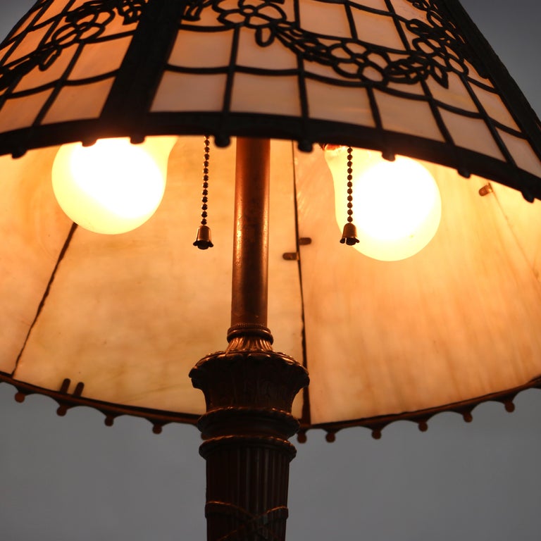 Antique Bradley & Hubbard School Six-Panel Slag Glass Table Lamp c1920