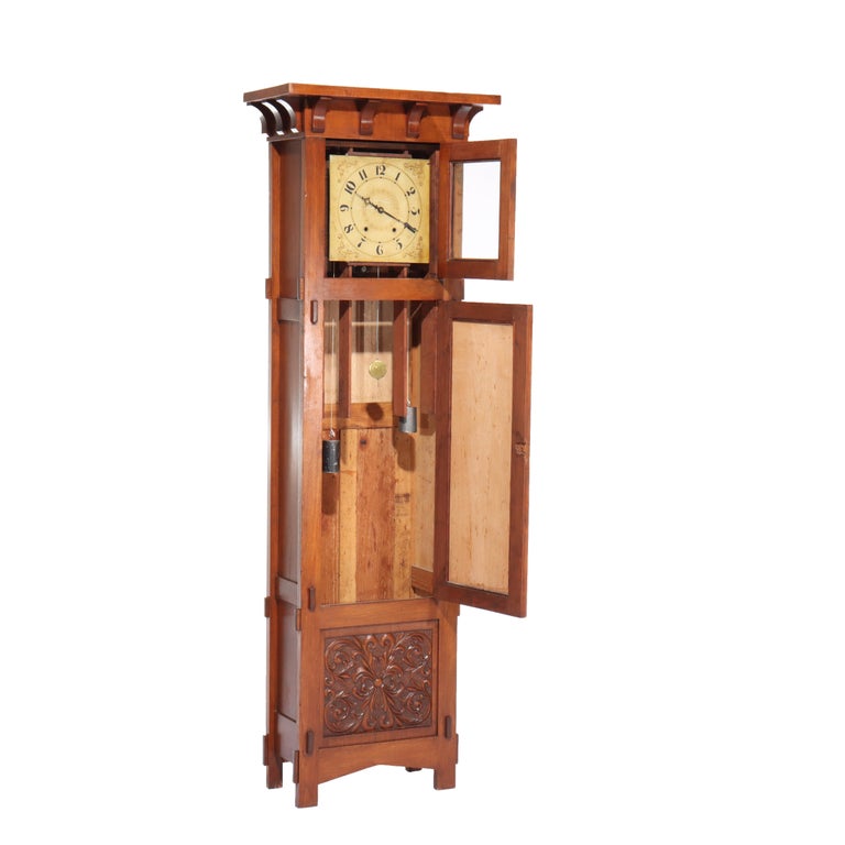 Stickley School Arts & Crafts Carved Mahogany Tall Case Grandfather Clock c1920