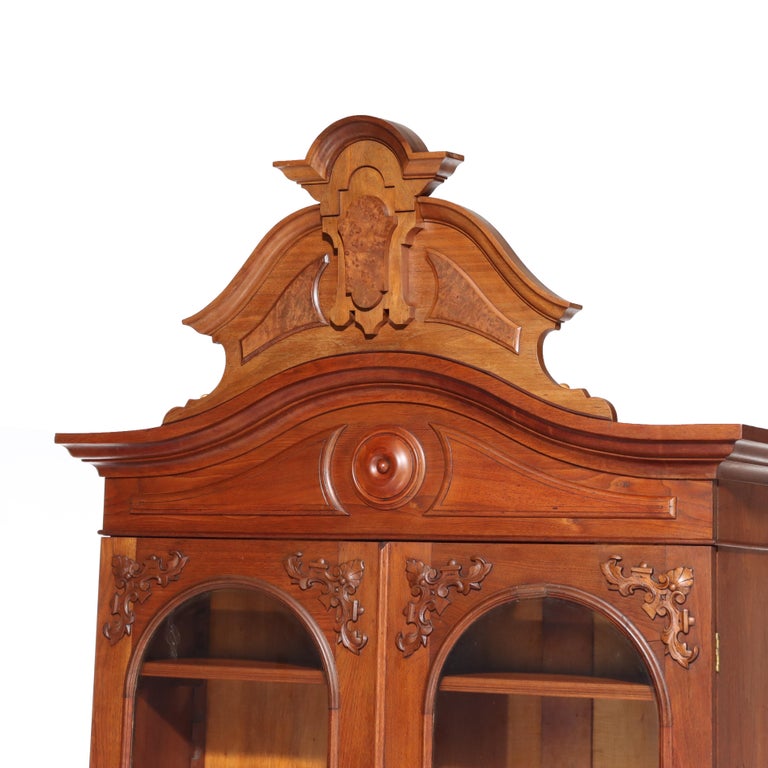 Antique Renaissance Revival Victorian Carved Walnut & Burl Secretary c1890