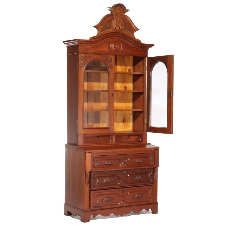 Antique Renaissance Revival Victorian Carved Walnut & Burl Secretary c1890