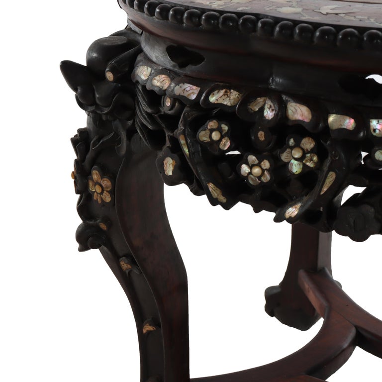 Chinese Floral Carved Rosewood Rouge Marble Top Stand With Mother of Pearl Inlay