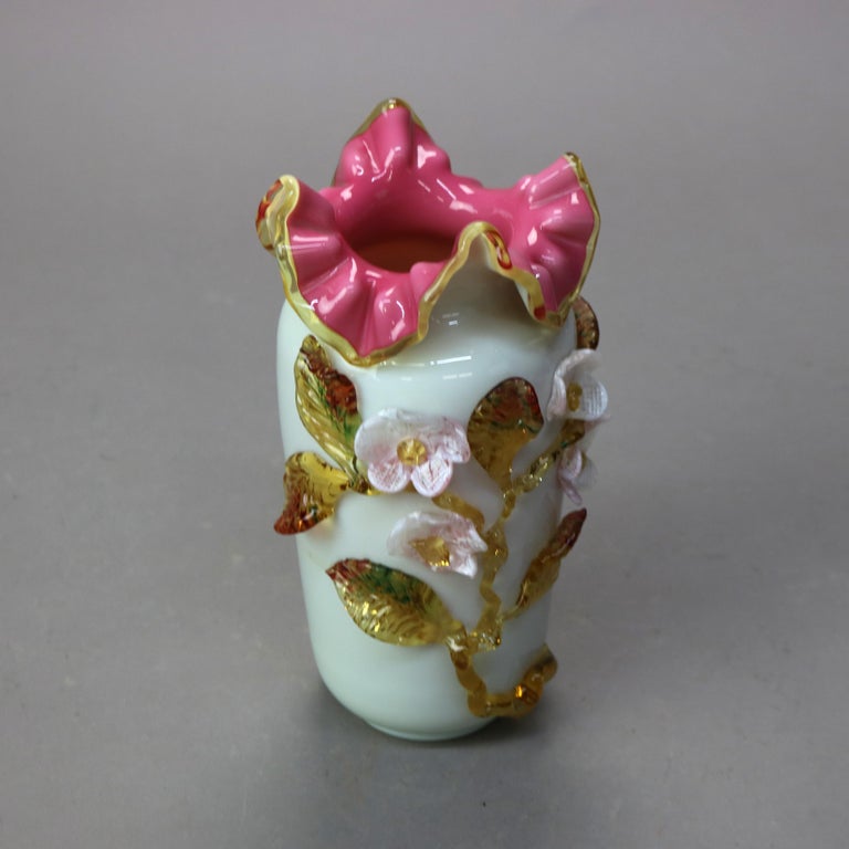 Antique Stevens & Williams Satinware Art Glass with Applied Florals C1890