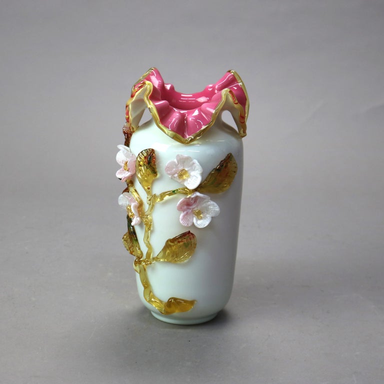 Antique Stevens & Williams Satinware Art Glass with Applied Florals C1890