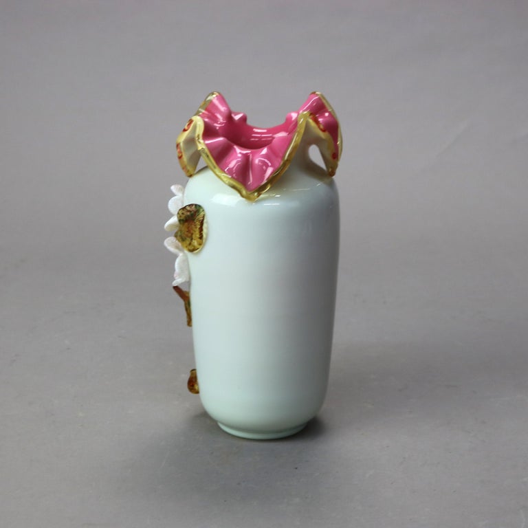 Antique Stevens & Williams Satinware Art Glass with Applied Florals C1890