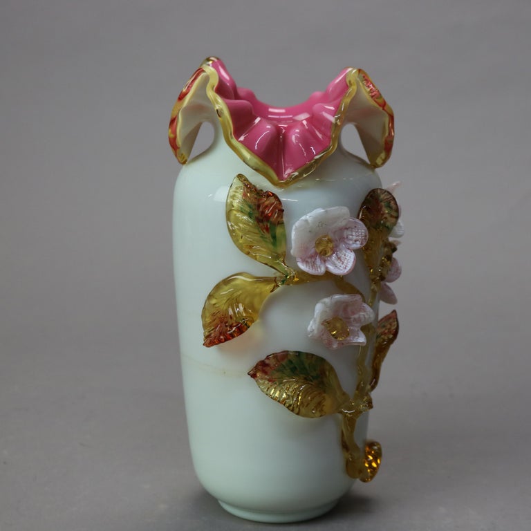 Antique Stevens & Williams Satinware Art Glass with Applied Florals C1890