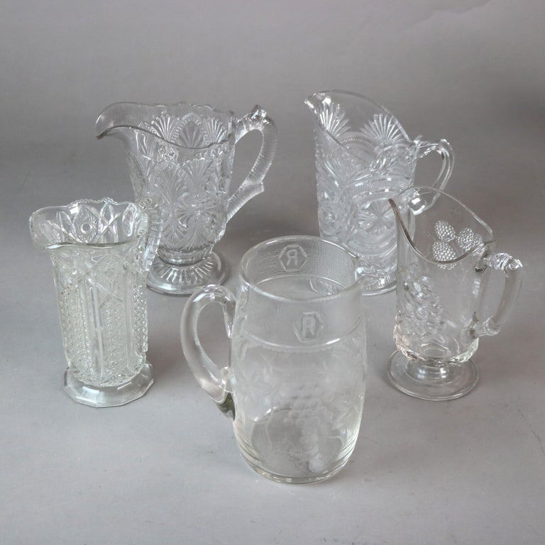 Five Antique Etched and Pressed Glass Water Pitchers 19thC
