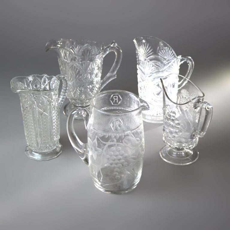 Five Antique Etched and Pressed Glass Water Pitchers 19thC