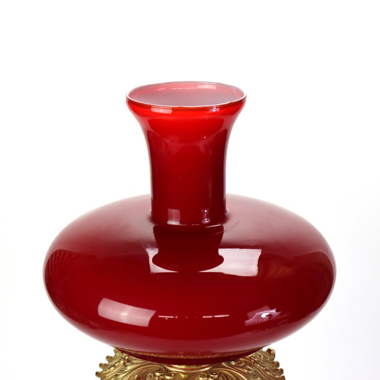 Antique E.M. & Co. Apollo Red Cased Glass Gone With The Wind Oil Lamp c1900