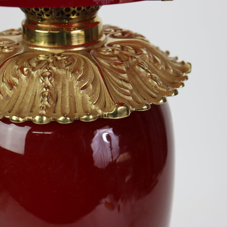 Antique E.M. & Co. Apollo Red Cased Glass Gone With The Wind Oil Lamp c1900