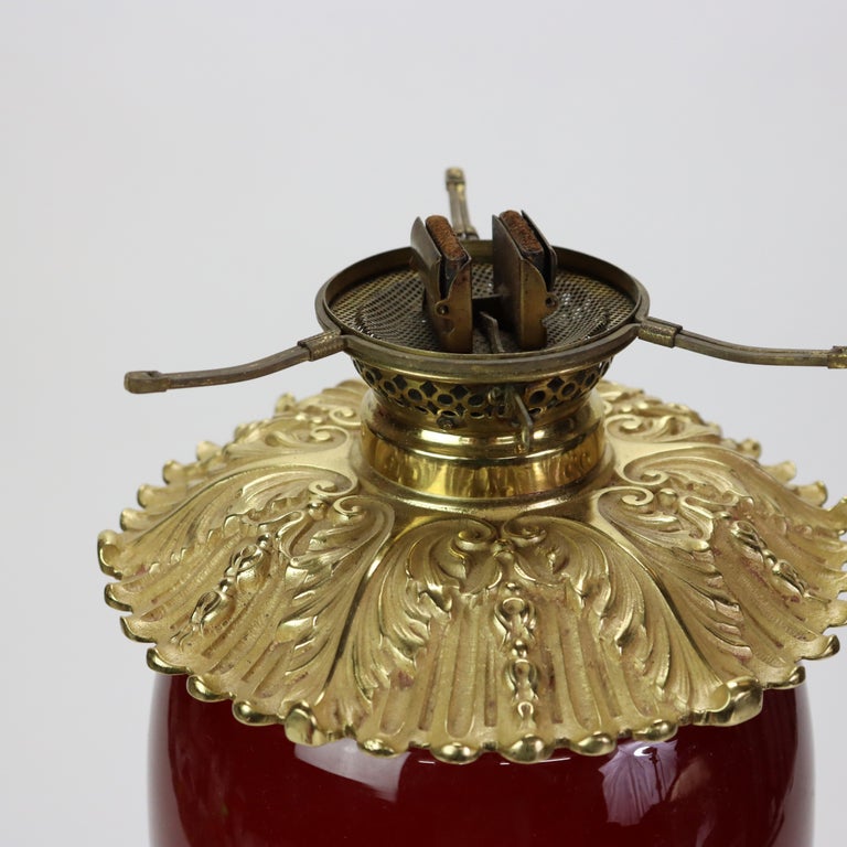 Antique E.M. & Co. Apollo Red Cased Glass Gone With The Wind Oil Lamp c1900