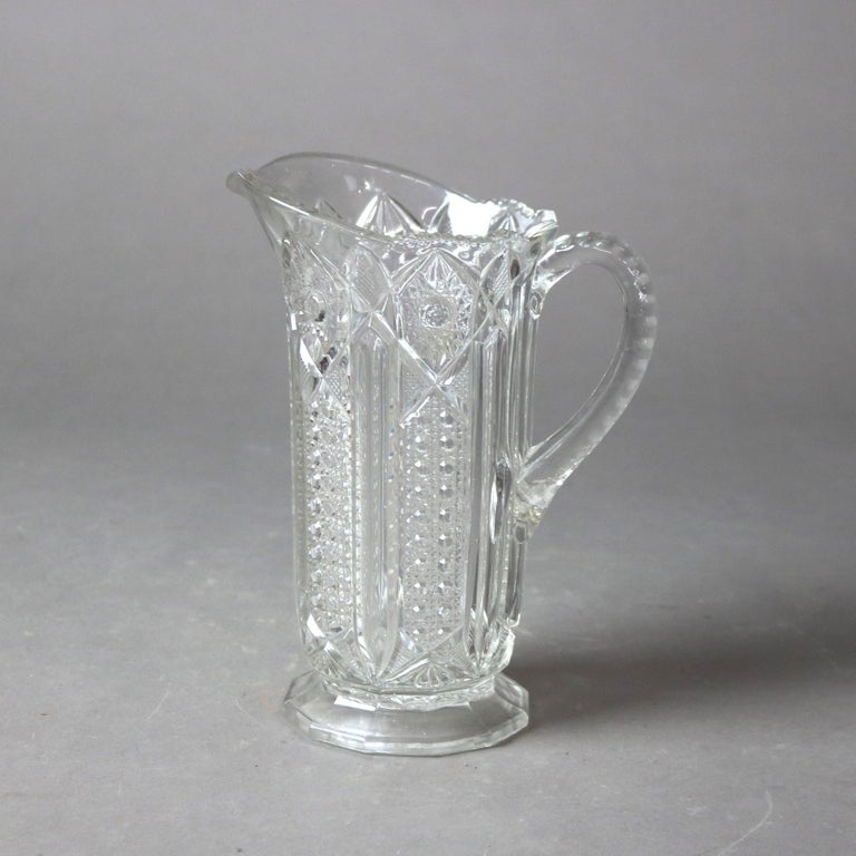Five Antique Etched and Pressed Glass Water Pitchers 19thC