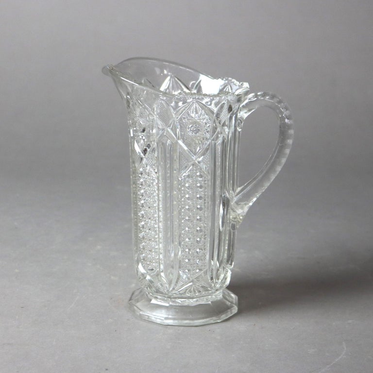 Five Antique Etched and Pressed Glass Water Pitchers 19thC