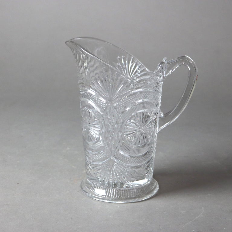 Five Antique Etched and Pressed Glass Water Pitchers 19thC