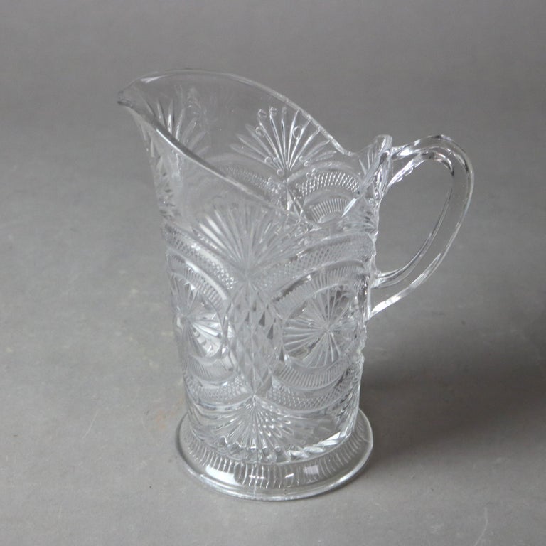 Five Antique Etched and Pressed Glass Water Pitchers 19thC