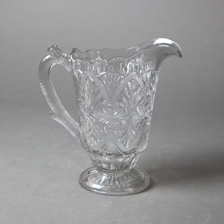 Five Antique Etched and Pressed Glass Water Pitchers 19thC