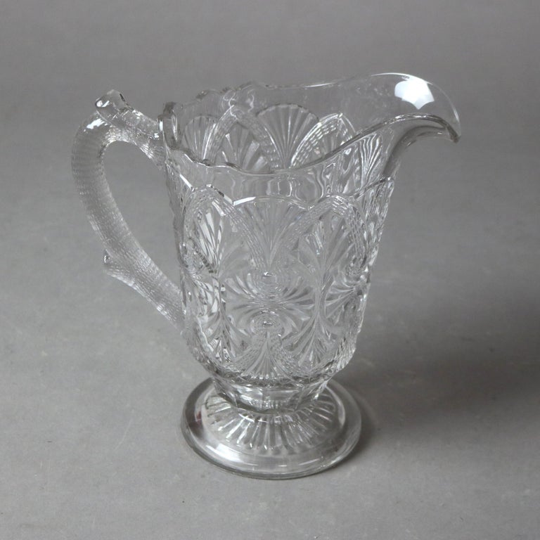 Five Antique Etched and Pressed Glass Water Pitchers 19thC