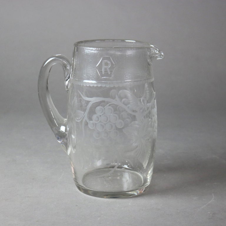 Five Antique Etched and Pressed Glass Water Pitchers 19thC