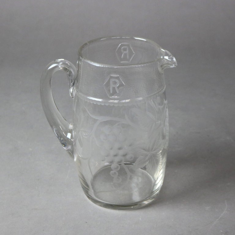 Five Antique Etched and Pressed Glass Water Pitchers 19thC
