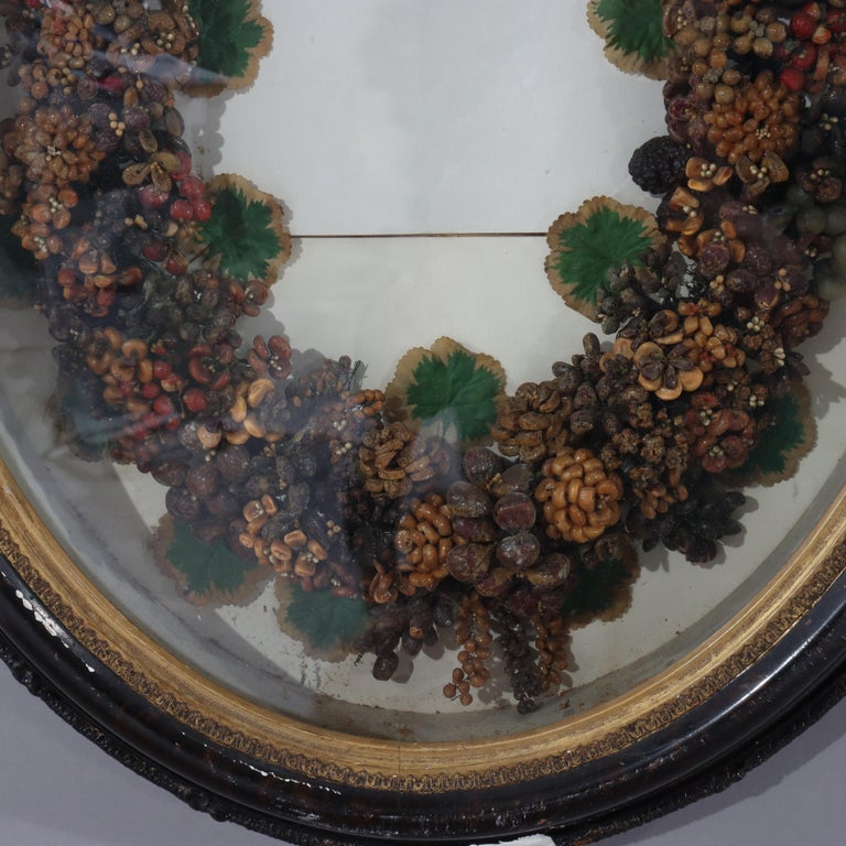 Antique Victorian Shadow Box Wall Hanging With Wax Wreath C1900