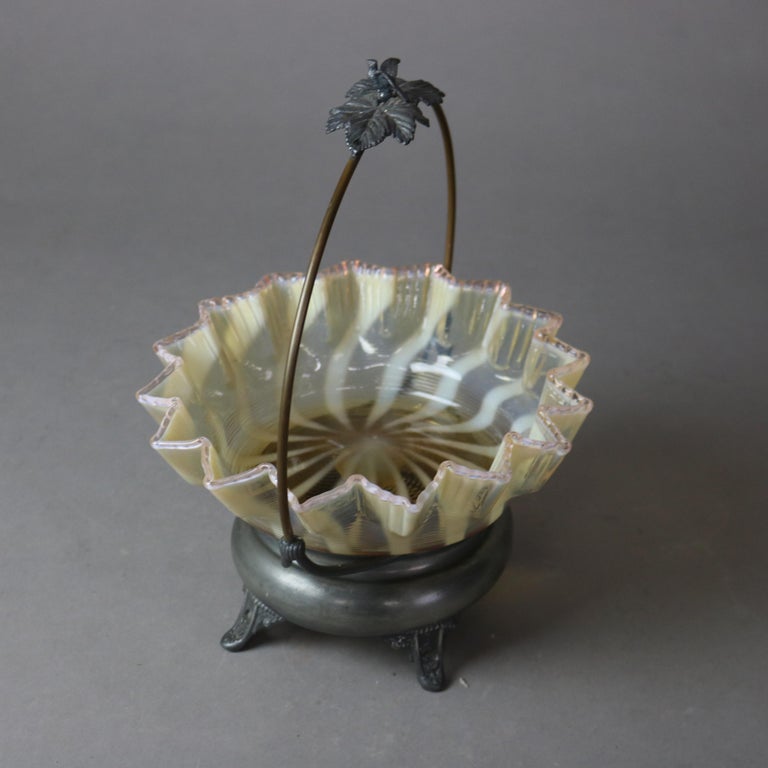 Antique Swirled Opalescent Ruffled Rim Art Glass Bride’s Basket C1890