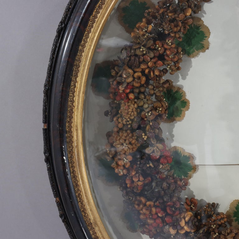 Antique Victorian Shadow Box Wall Hanging With Wax Wreath C1900